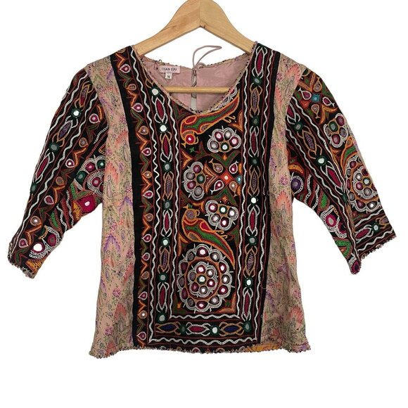 Chan Luu Womens Medium Embroidered Blouse Mirrored Beaded Multi-Color Bohemian - Picture 1 of 14